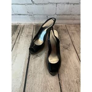 FIONA Women’s Black Peep Toe Slingback Woodgrain Heels / Size: 7